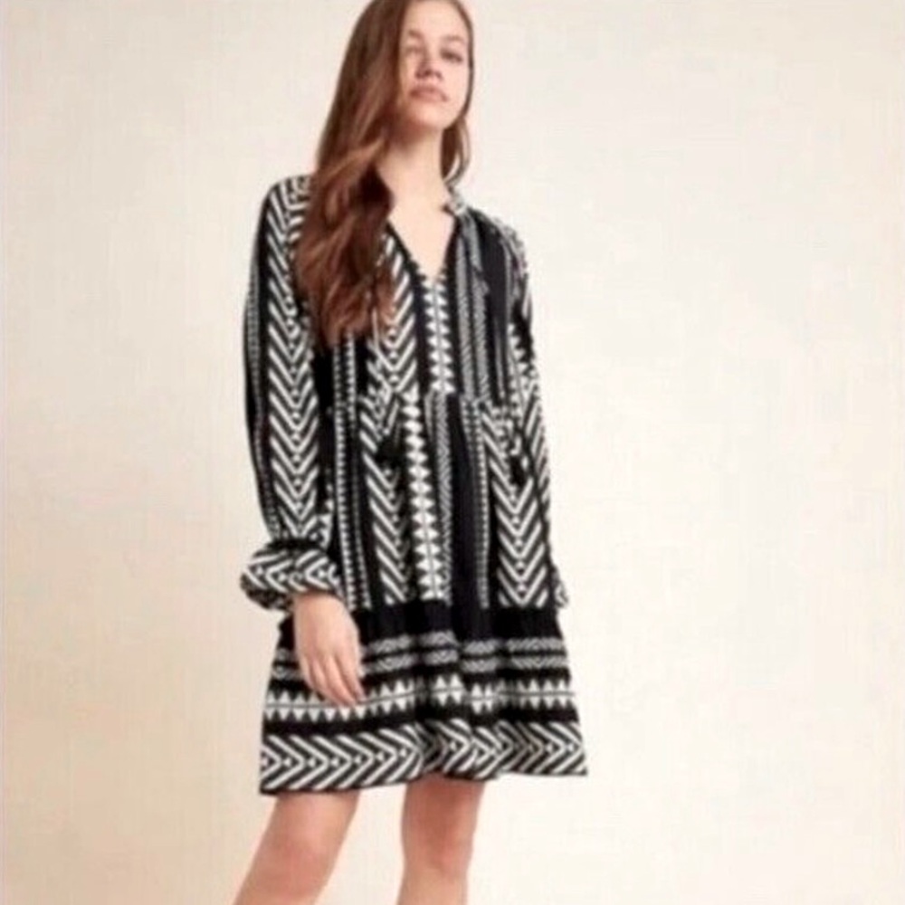 Maeve by Anthropology Dress Sz XSP Black White Geometric Print Tassels Bohemian